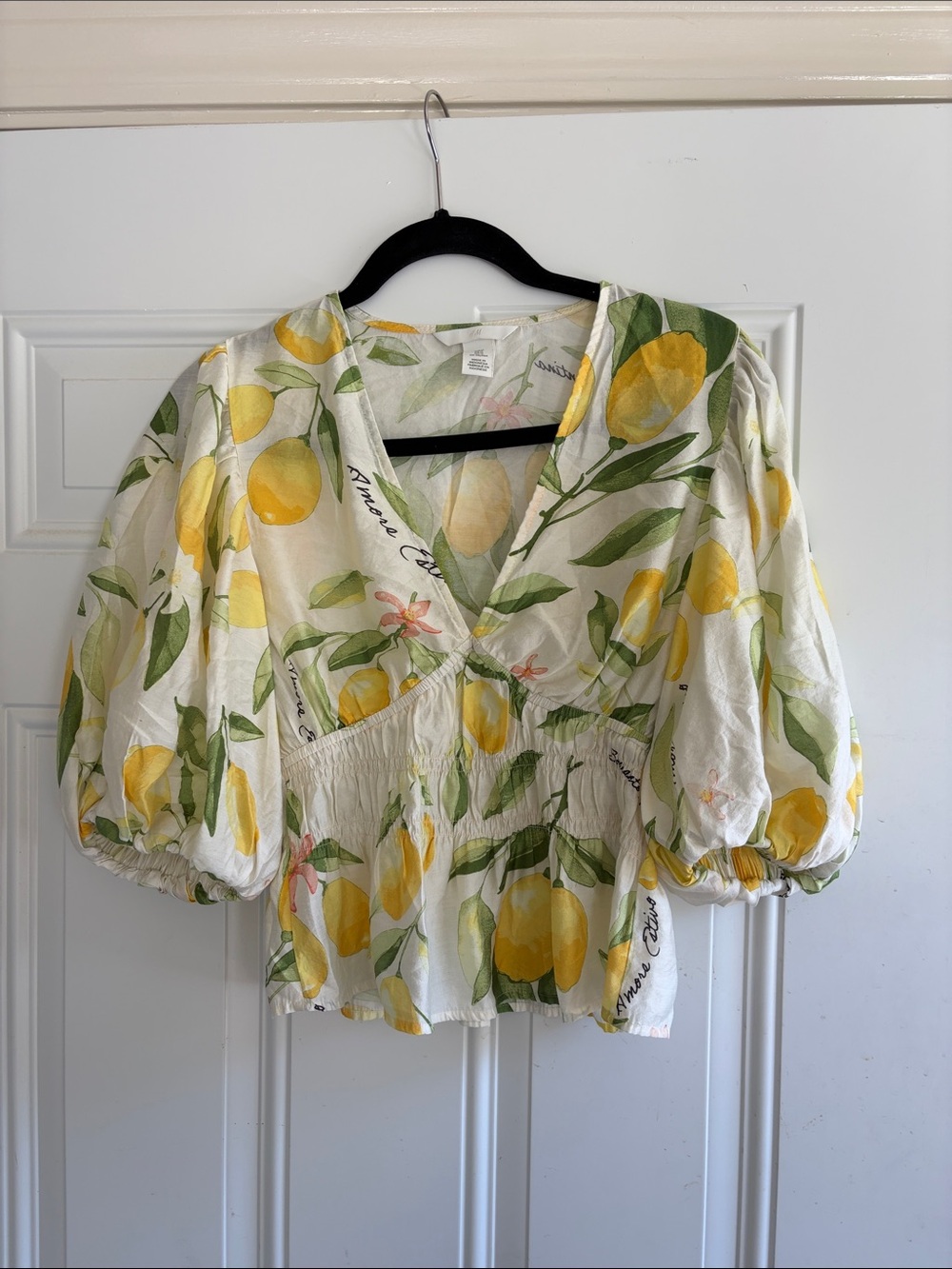 H&M White Lemon-Print Puff Sleeve V-Neck Blouse Size M